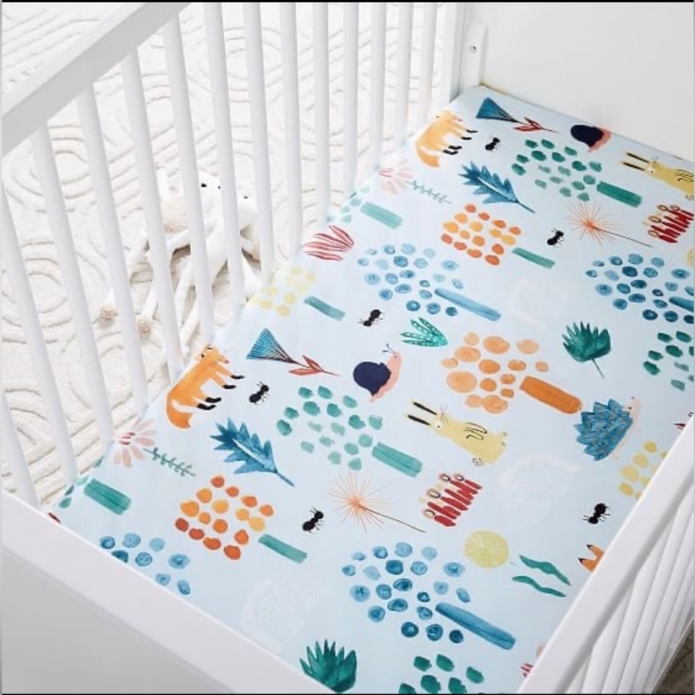 Pottery Barn Kids Organic Cotton Blue Woodland Animals Fitted Crib Sheet